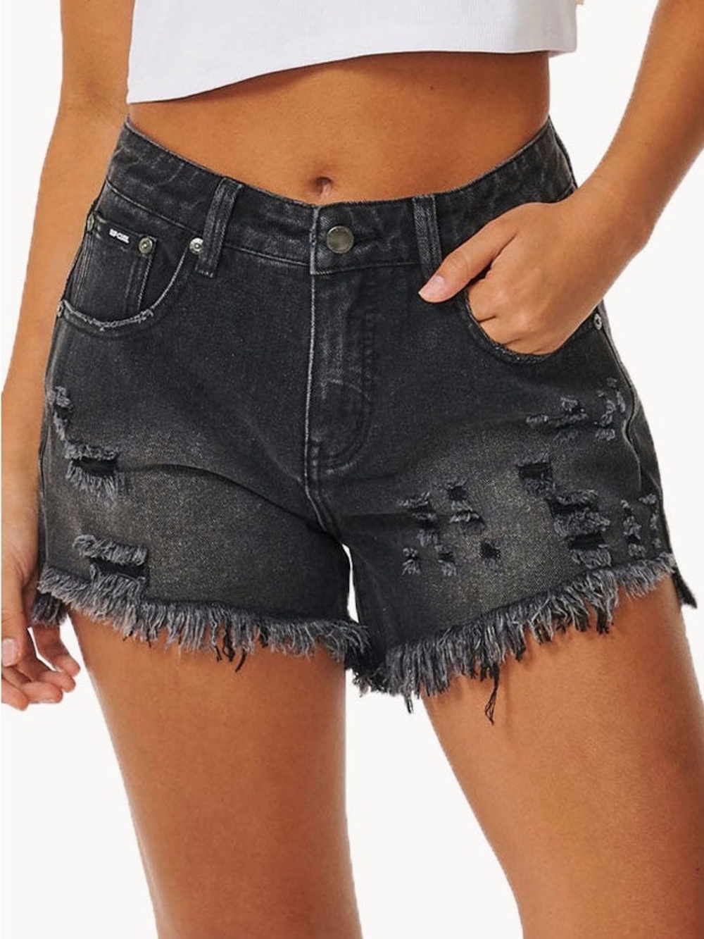 Rip Curl Sophie Denim Shorts II in black, 27 waist distressed raw hem festival